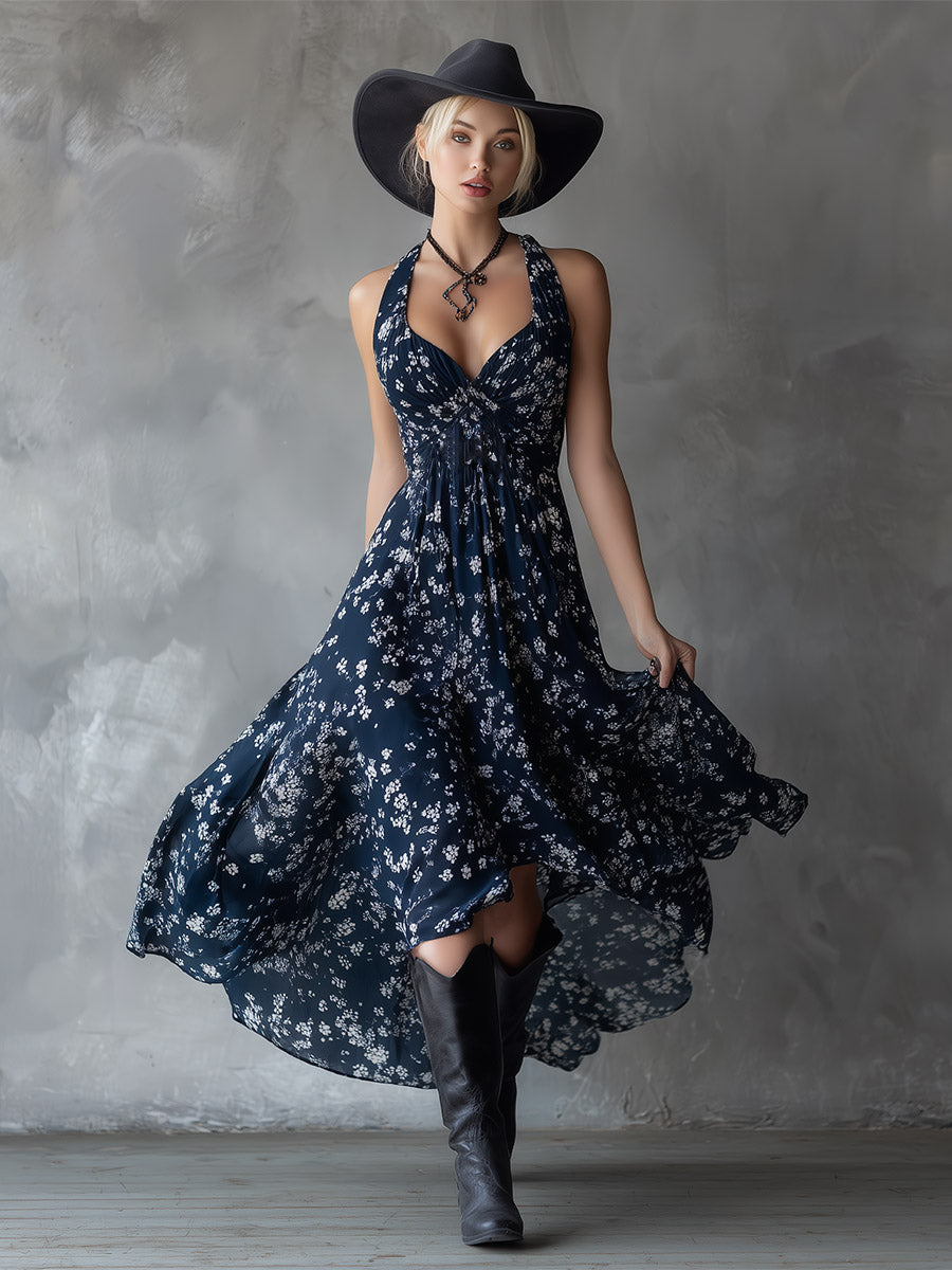 Anna-Berg | Navy Blue Chiffon Floral Dress