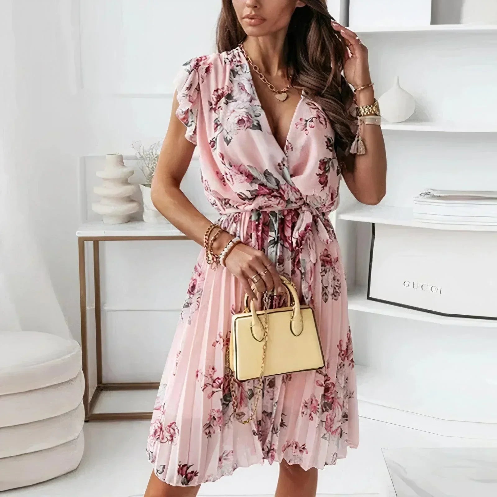 Anna-Berg | Refined Floral Midi Dress - V-Neck Ruffle Sleeve Pleated Wrap