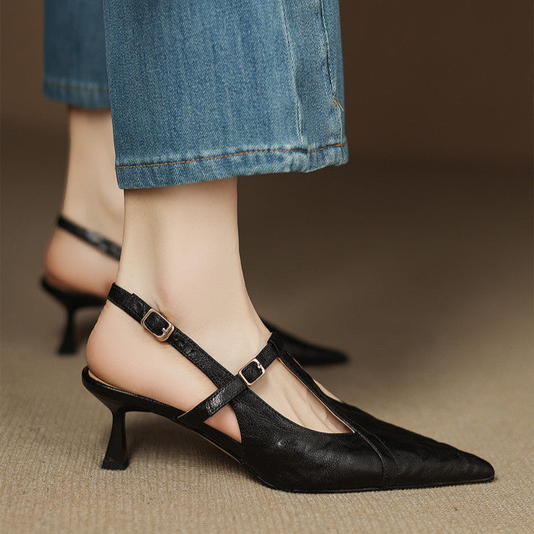 Anna-Berg | Black Pointed Toe Leather Heels