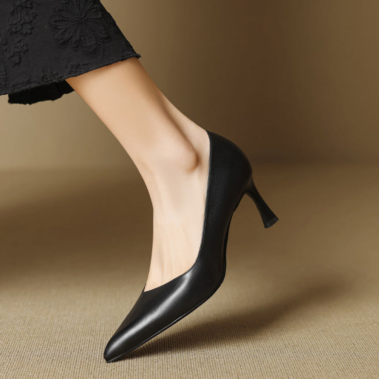 Anna-Berg | Black Pointed Toe Leather Heels