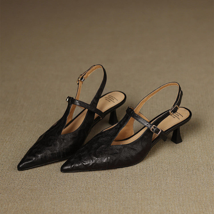 Anna-Berg | Black Pointed Toe Leather Heels
