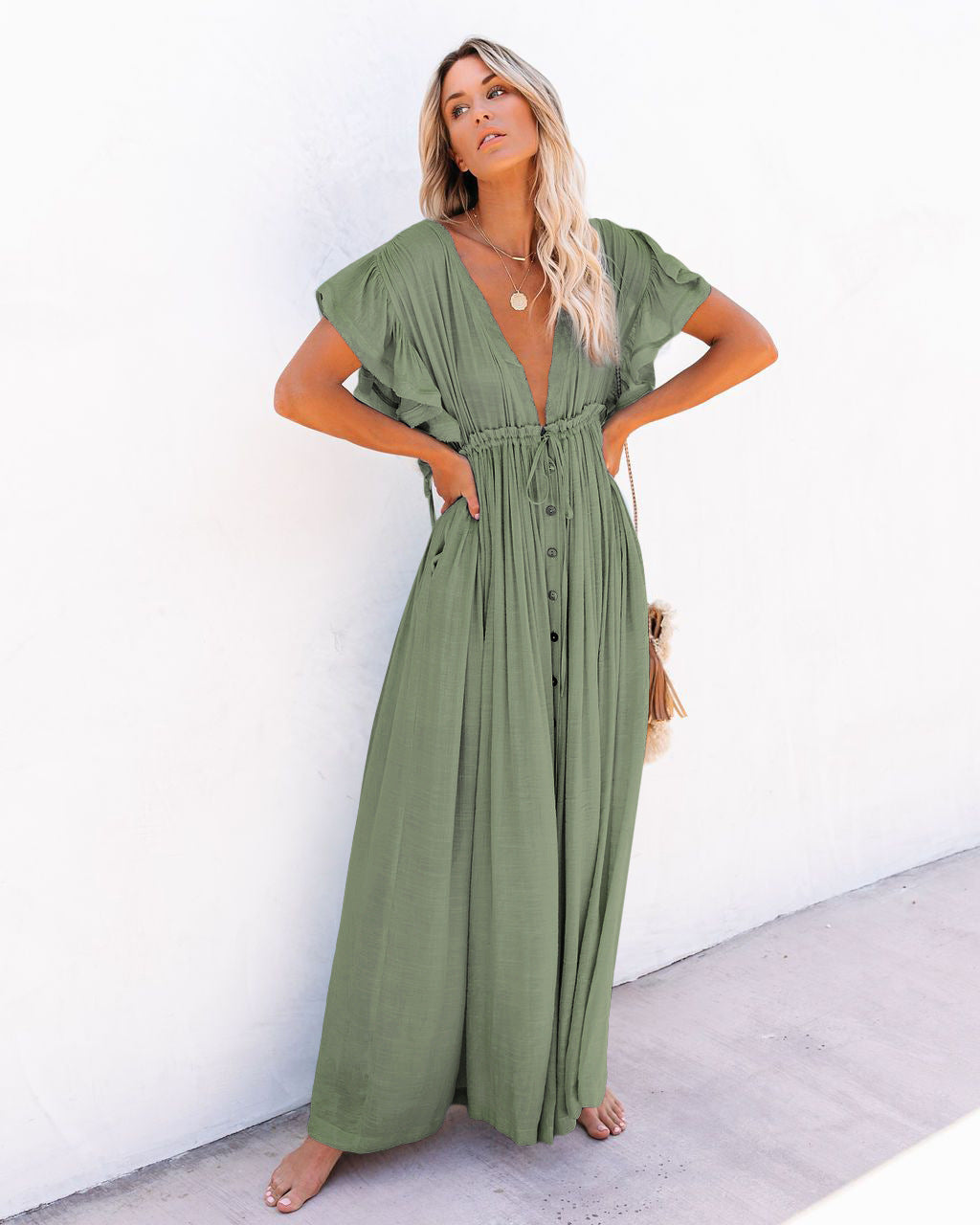 Anna-Berg | Romantic Summer Boho Button Front Maxi Dress