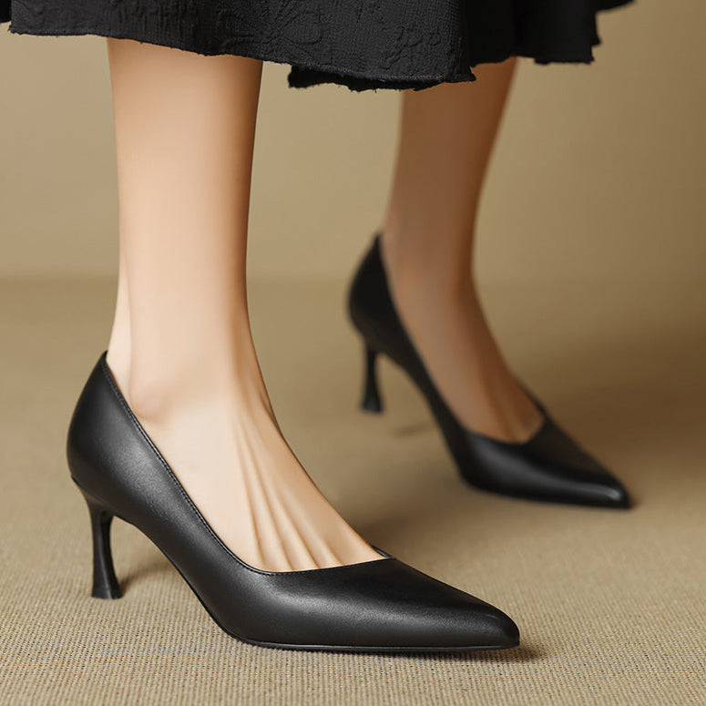 Anna-Berg | Black Pointed Toe Leather Heels
