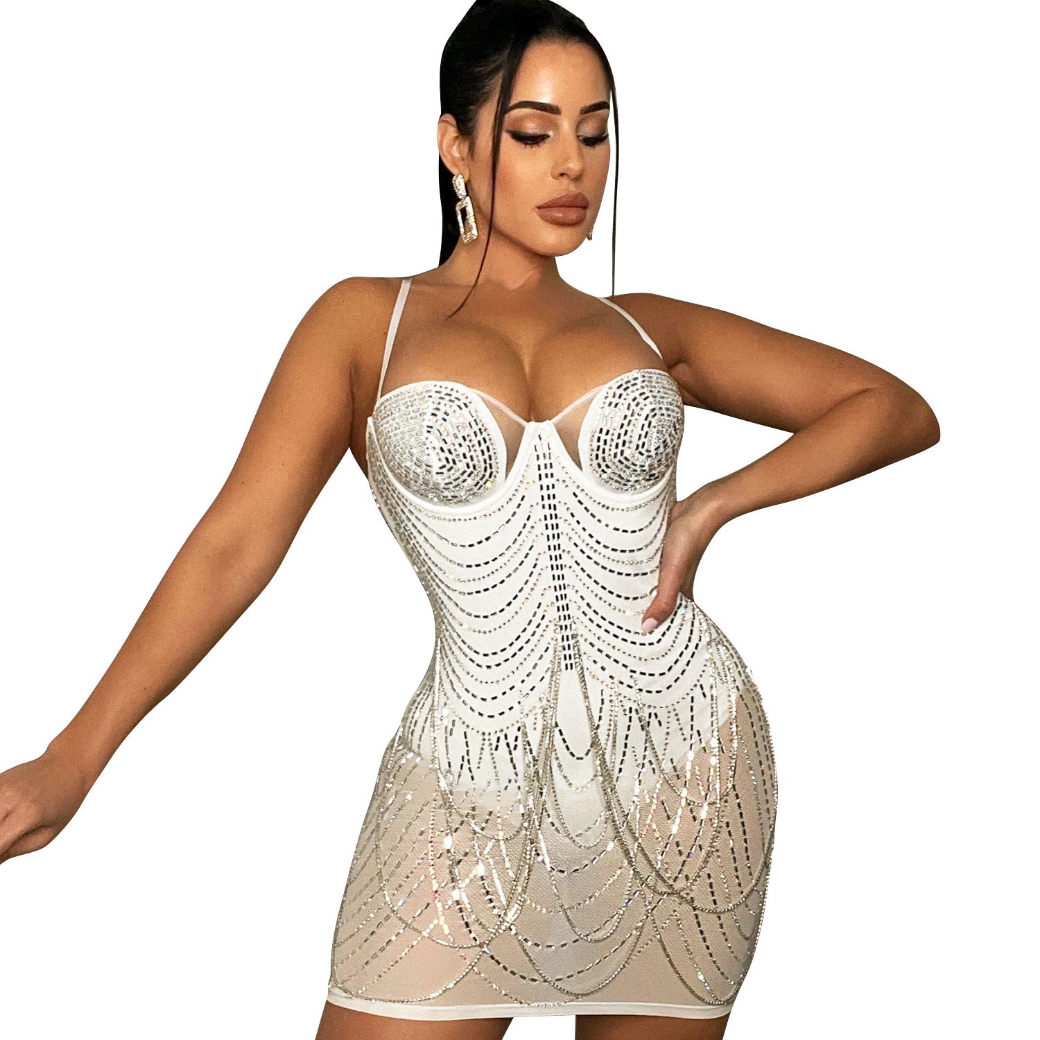 Anna-Berg | Romantic Rhinestone-Embellished Mesh Mini Dress – Sparkling Glamour For Unforgettable Nights