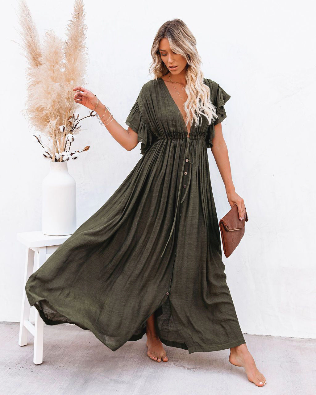 Anna-Berg | Romantic Summer Boho Button Front Maxi Dress