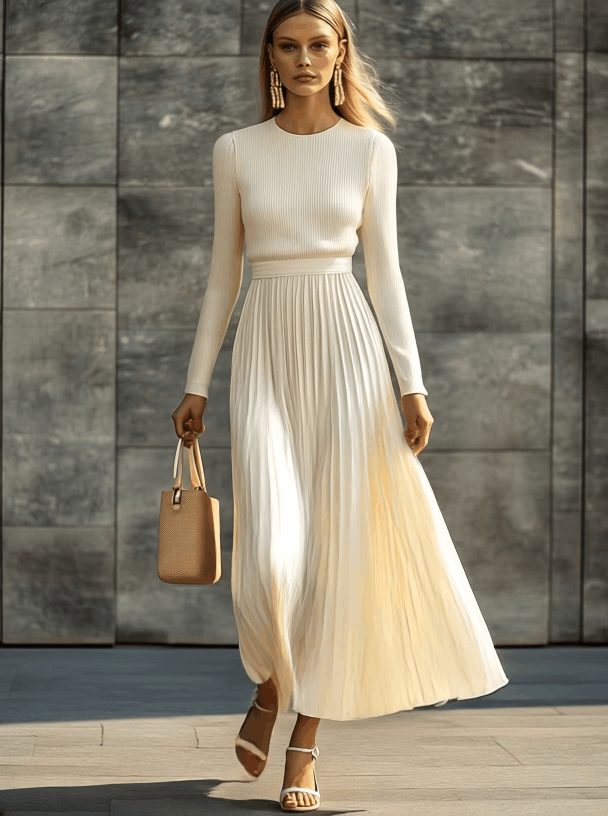 Anna-Berg | Cream Satin Pleated Casual Dress