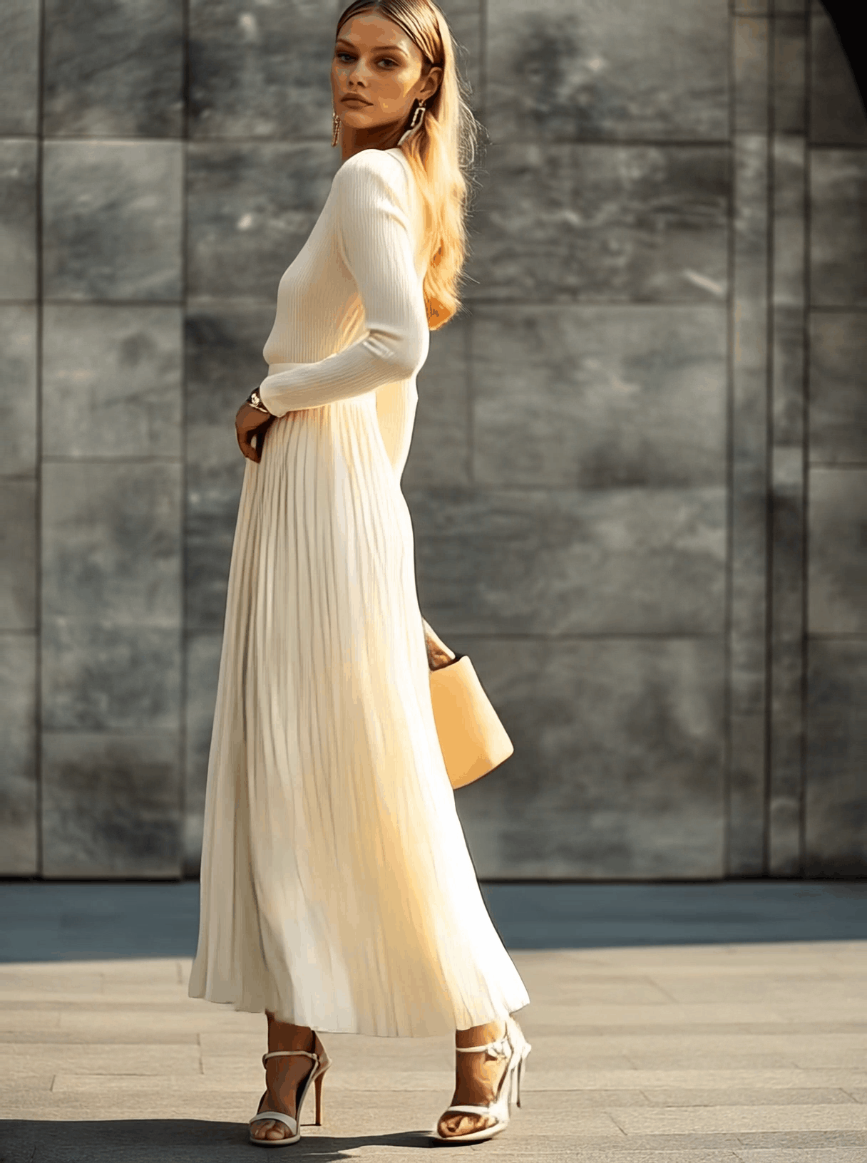 Anna-Berg | Cream Satin Pleated Casual Dress