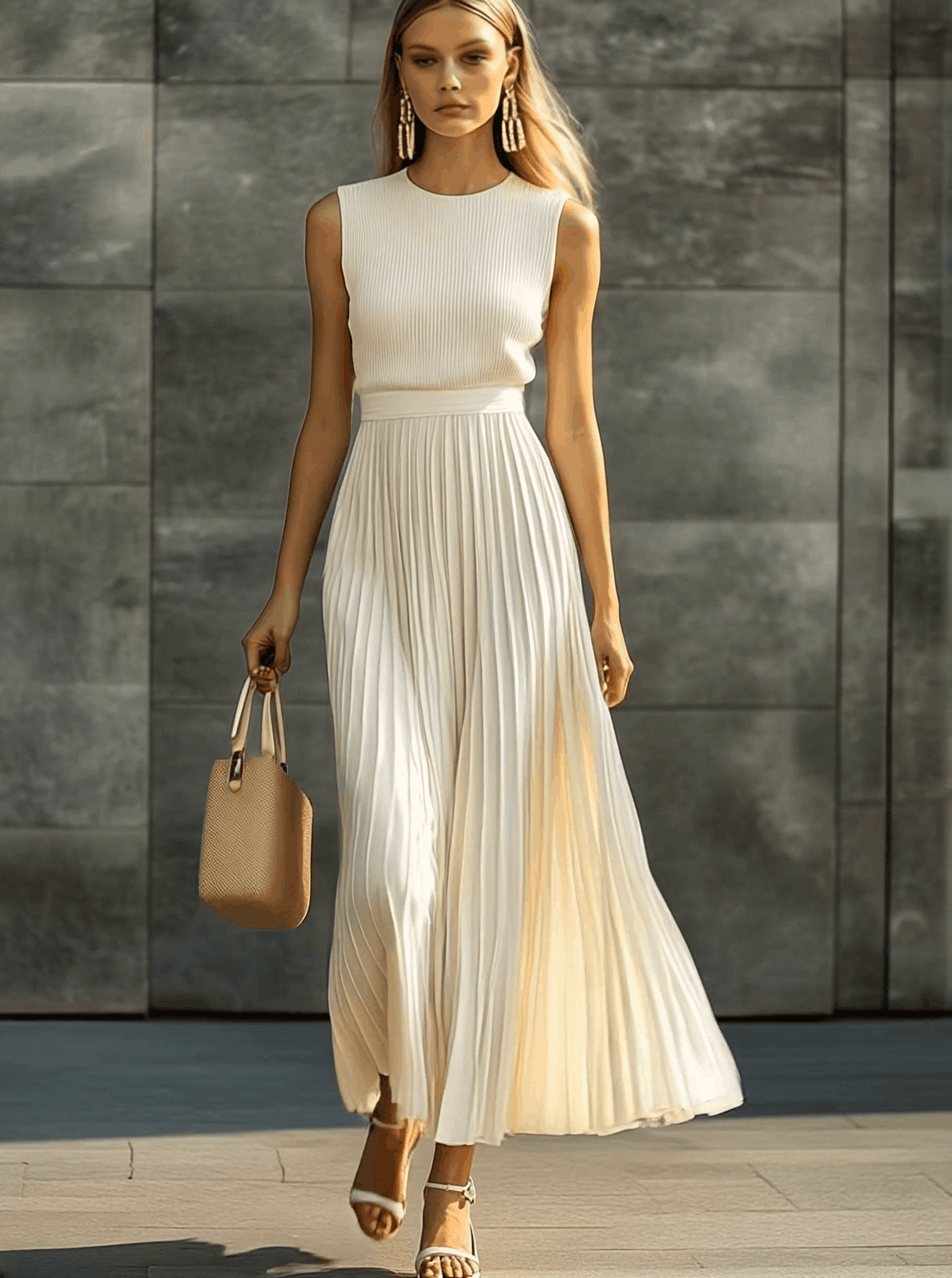 Anna-Berg | Cream Chiffon Pleated Casual Dress