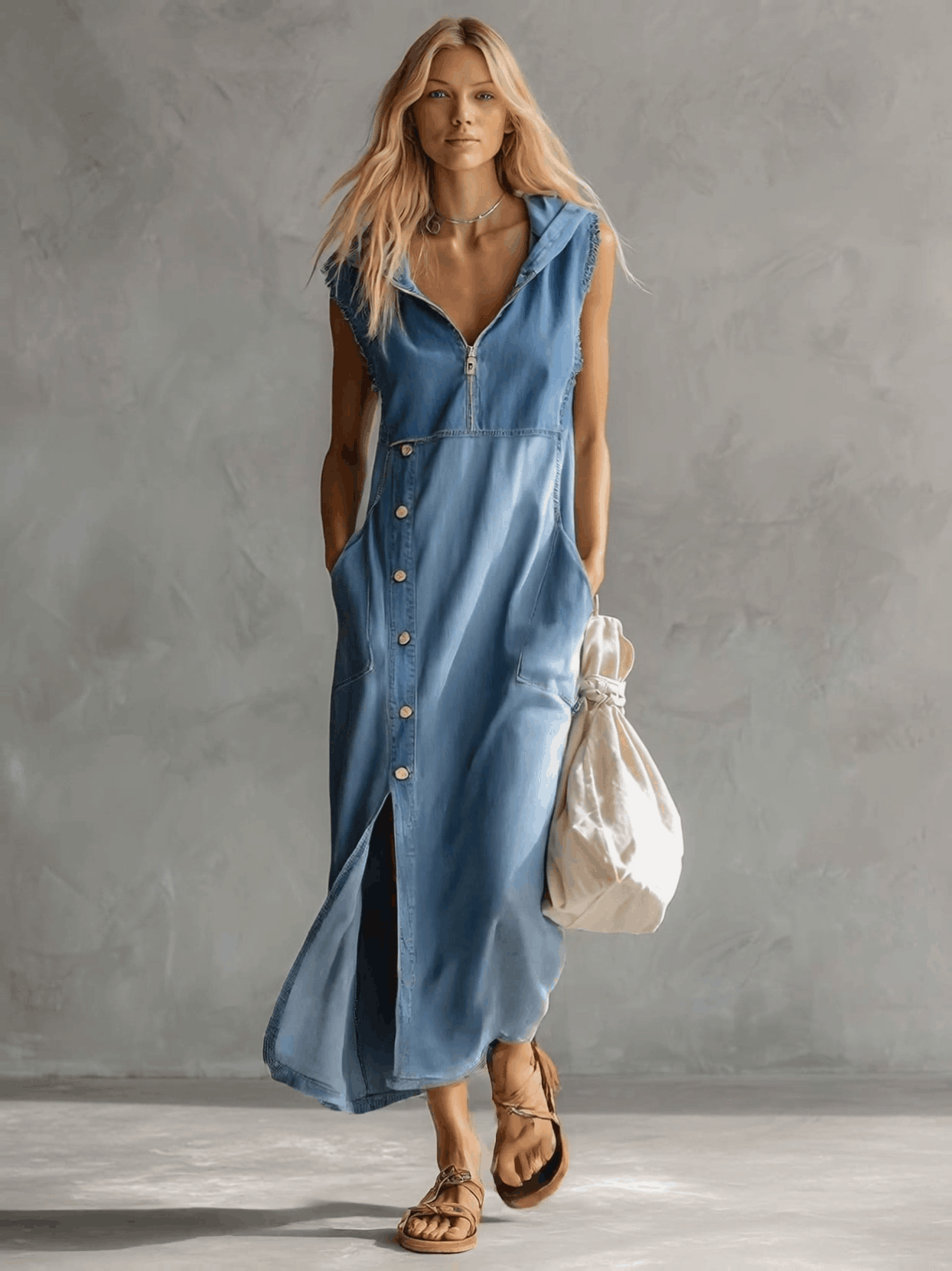 Anna-Berg | Blue Denim V-Neck Casual Dress