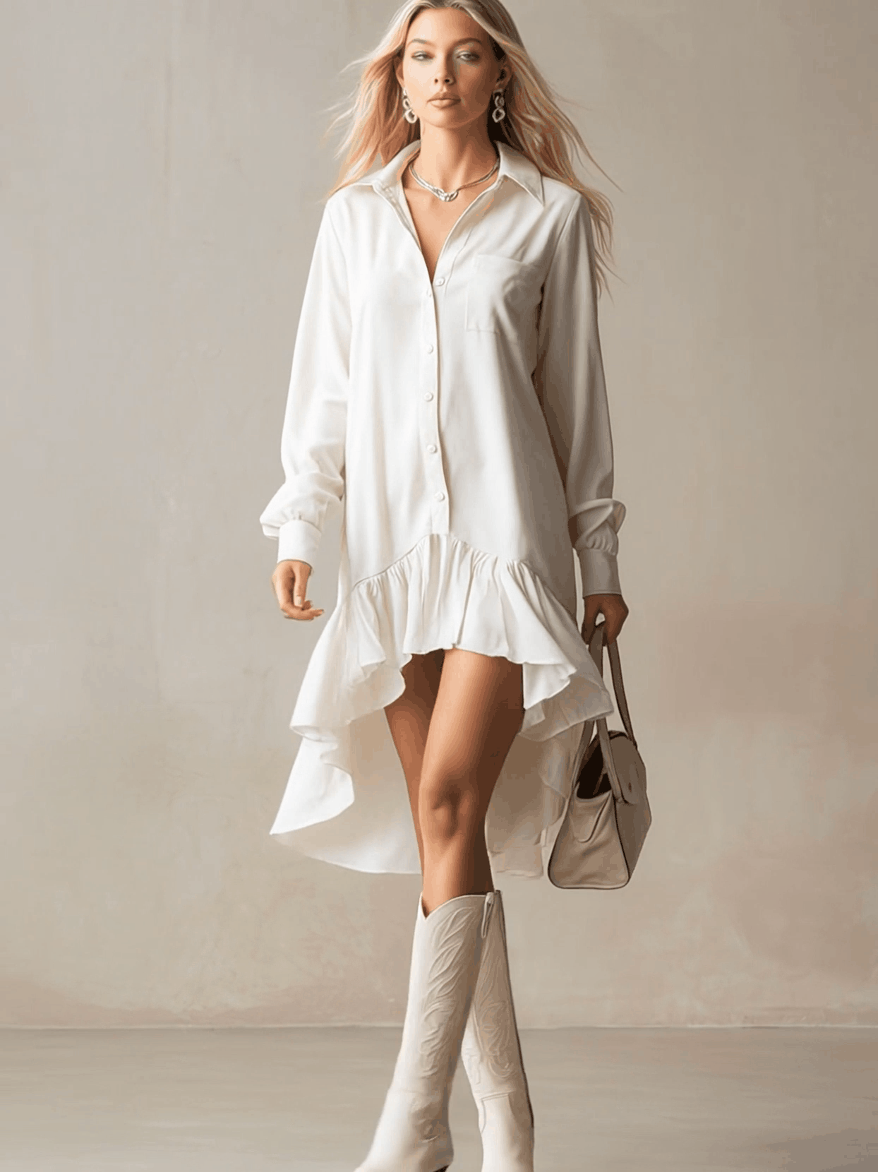 Anna-Berg | White Denim Ruffle Evening Dress
