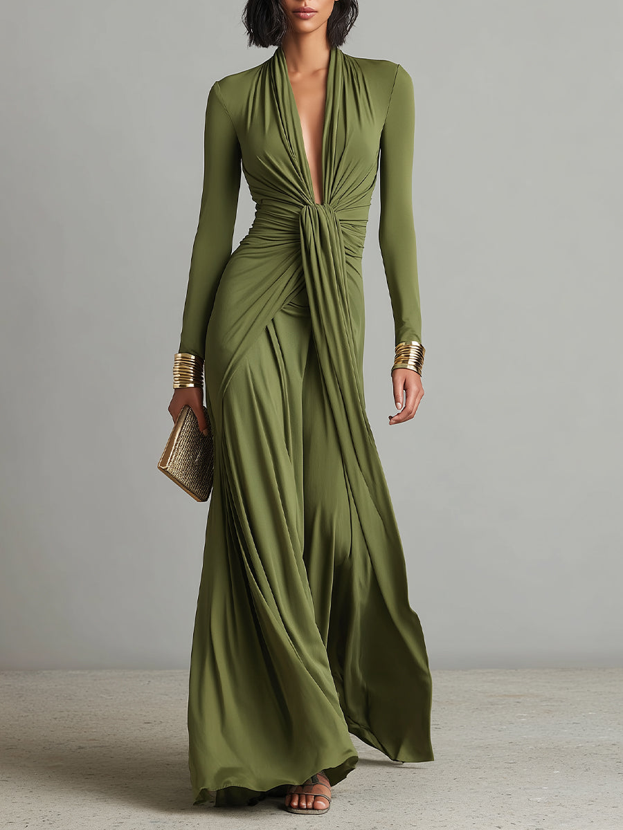 Anna-Berg | Olive Silk V-Neck Dress