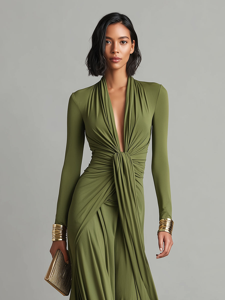 Anna-Berg | Olive Silk V-Neck Dress