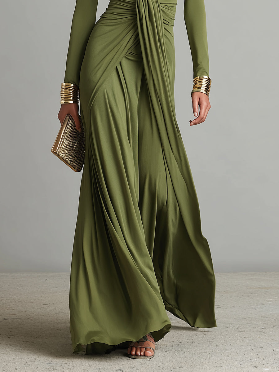 Anna-Berg | Olive Silk V-Neck Dress