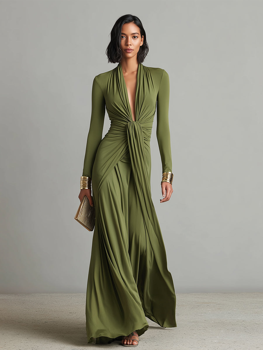 Anna-Berg | Olive Silk V-Neck Dress