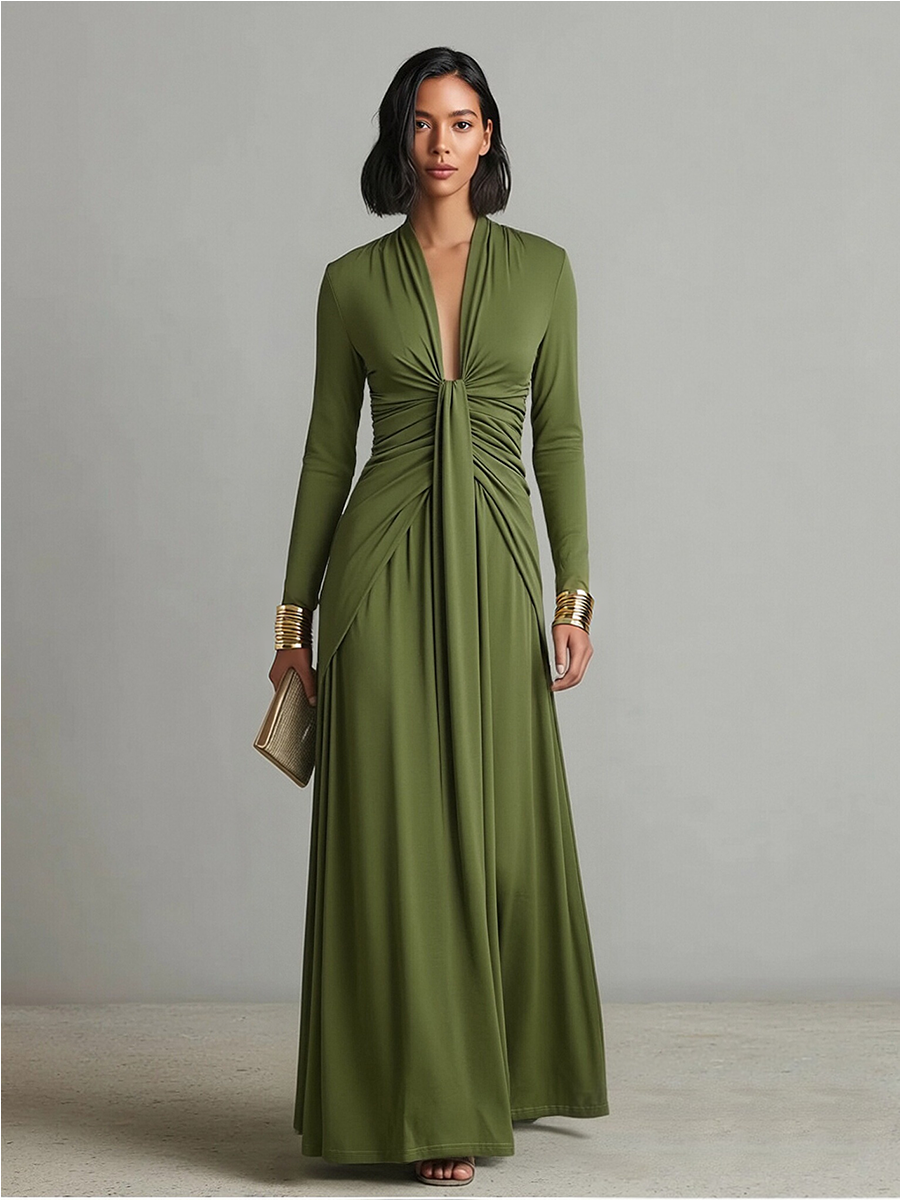 Anna-Berg | Olive Silk V-Neck Dress