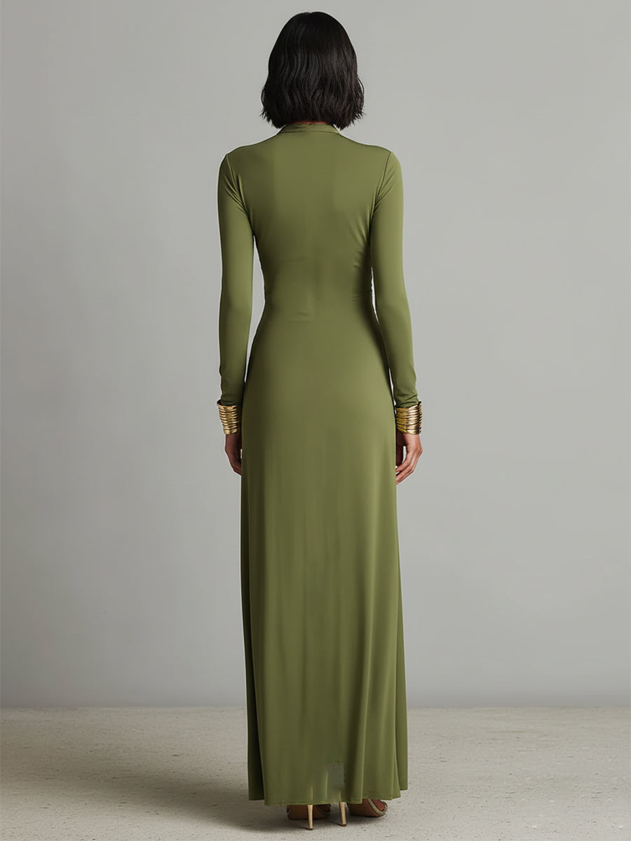 Anna-Berg | Olive Silk V-Neck Dress