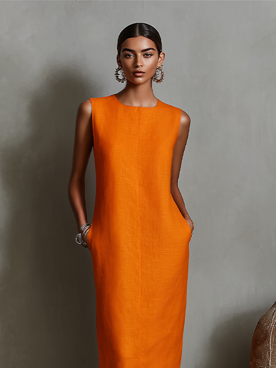 Anna-Berg | Orange Linen Sleeveless Evening Dress
