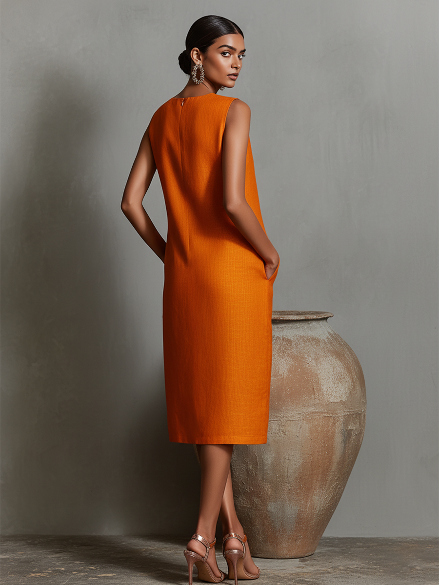 Anna-Berg | Orange Linen Sleeveless Evening Dress