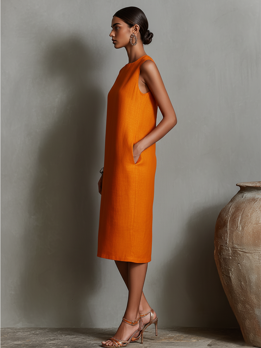 Anna-Berg | Orange Linen Sleeveless Evening Dress