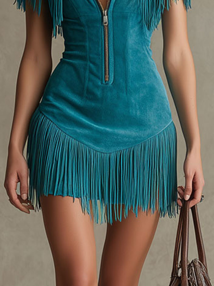 Anna-Berg | Peacock Blue Faux Suede Tassel Dress
