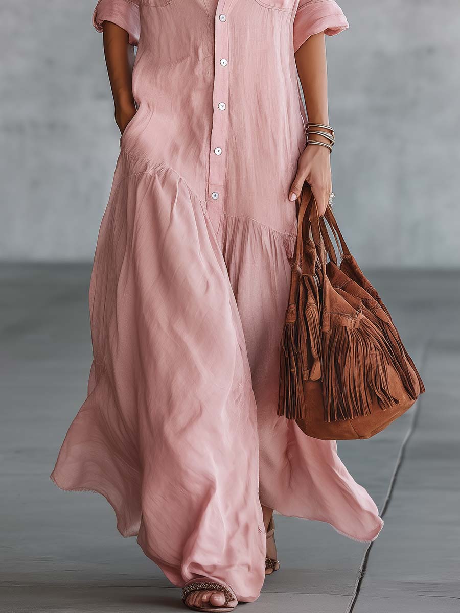 Anna-Berg | Pink Linen V-Neck Casual Dress