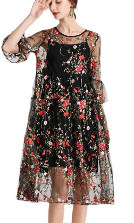 Anna-Berg | Plus Size Black Embroidery Lace Dress