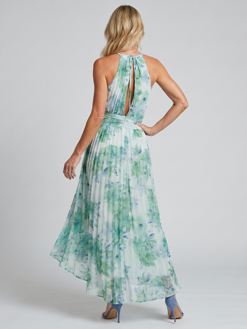Anna-Berg | Graceful Pleated Halter Soft Floral Pattern Midi Dress