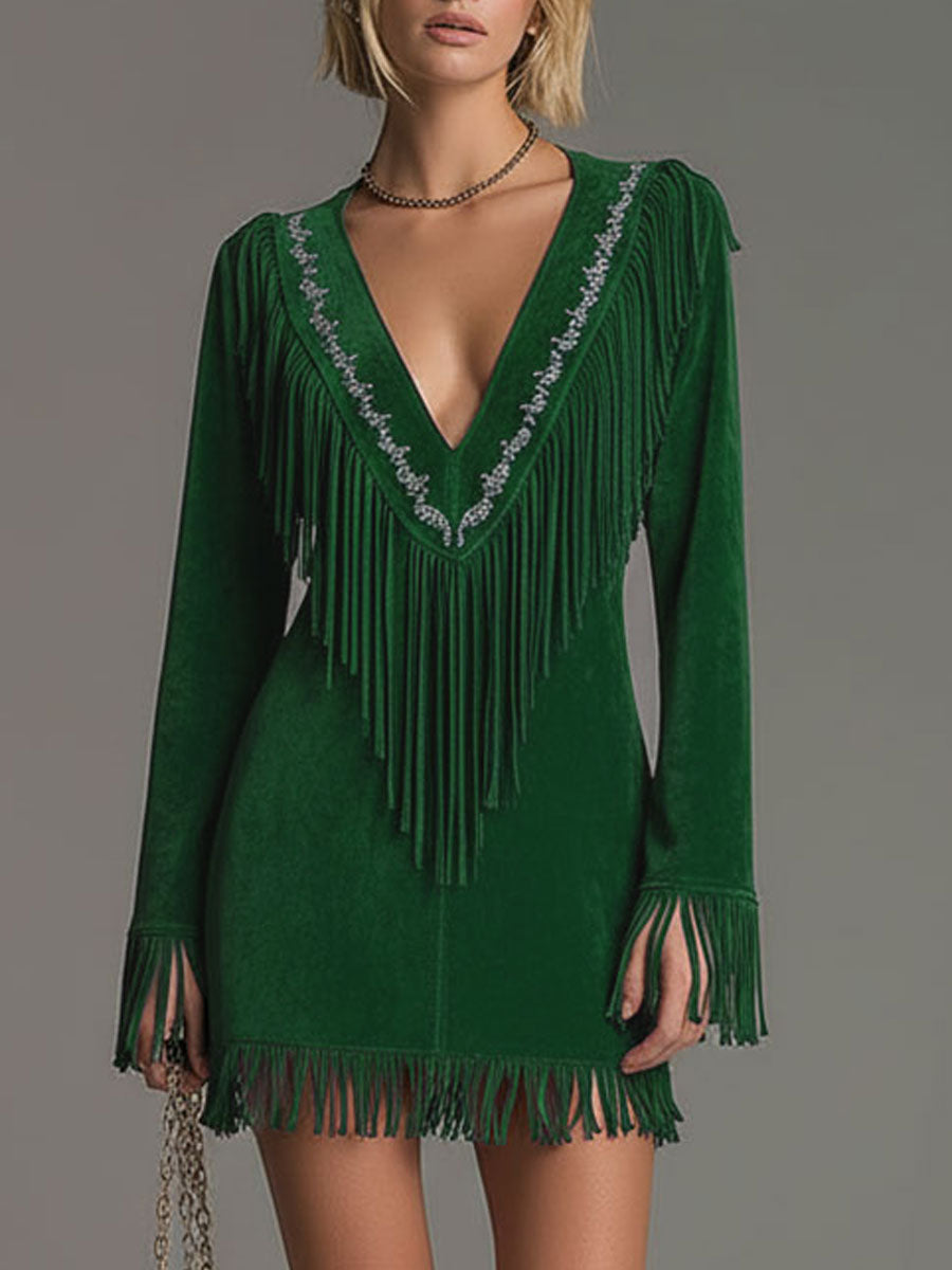 Anna-Berg | Red Faux Suede Tassel Western Dress