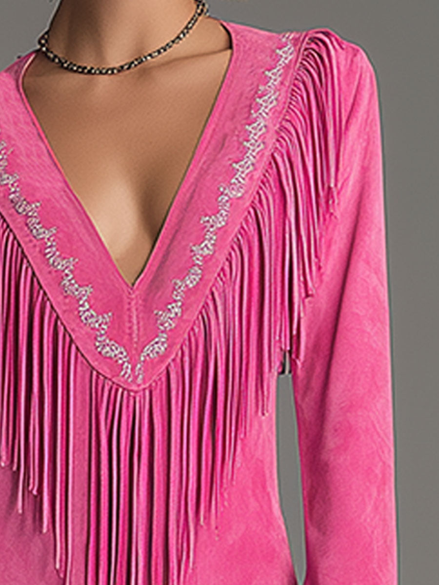 Anna-Berg | Red Faux Suede Tassel Western Dress