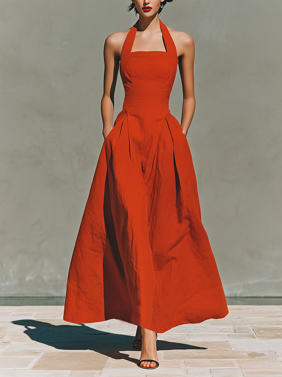 Anna-Berg | Red Linen Halter Neck Casual Dress