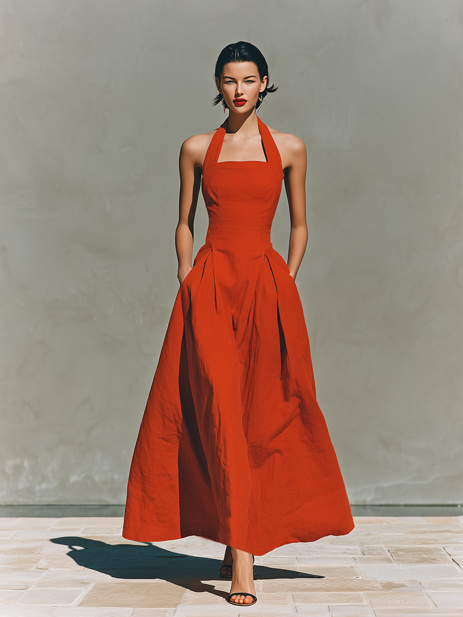 Anna-Berg | Red Linen Halter Neck Casual Dress