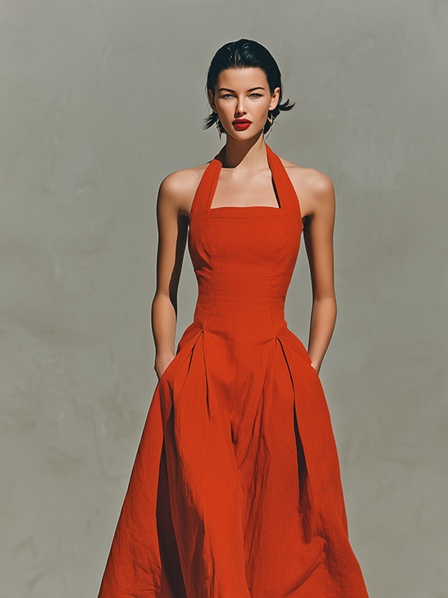 Anna-Berg | Red Linen Halter Neck Casual Dress