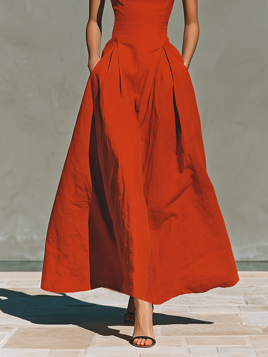 Anna-Berg | Red Linen Halter Neck Casual Dress