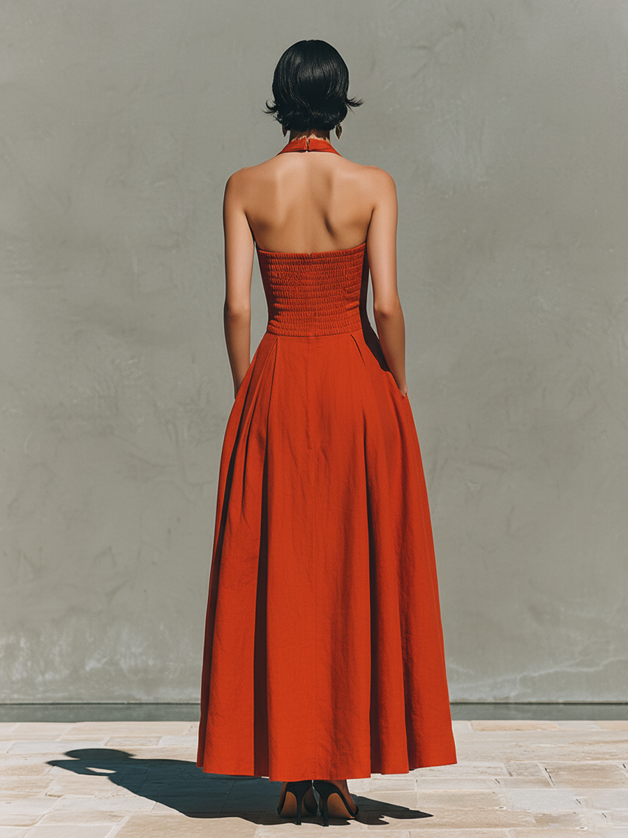 Anna-Berg | Red Linen Halter Neck Casual Dress