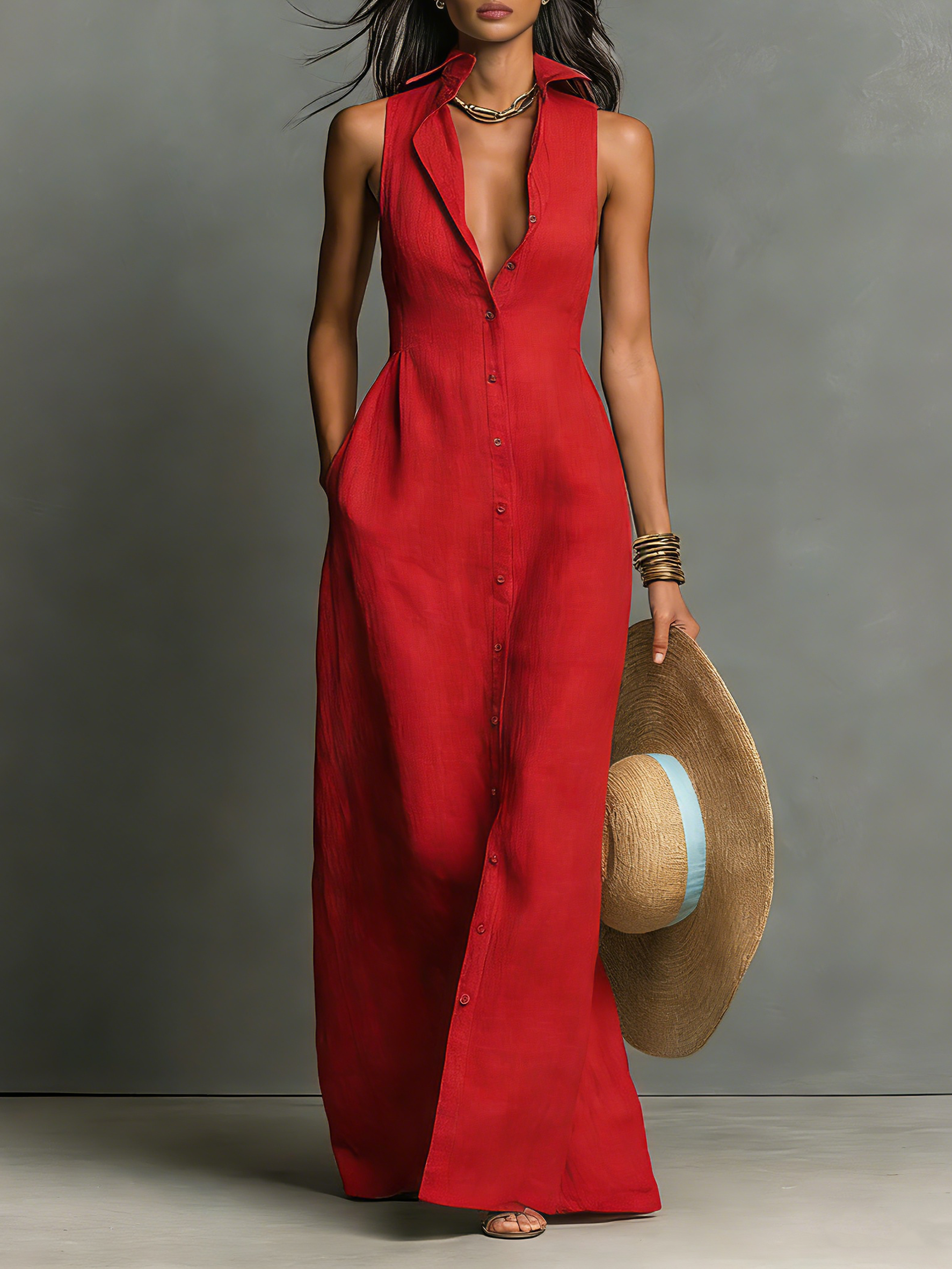 Anna-Berg | Red Linen Sleeveless Dress