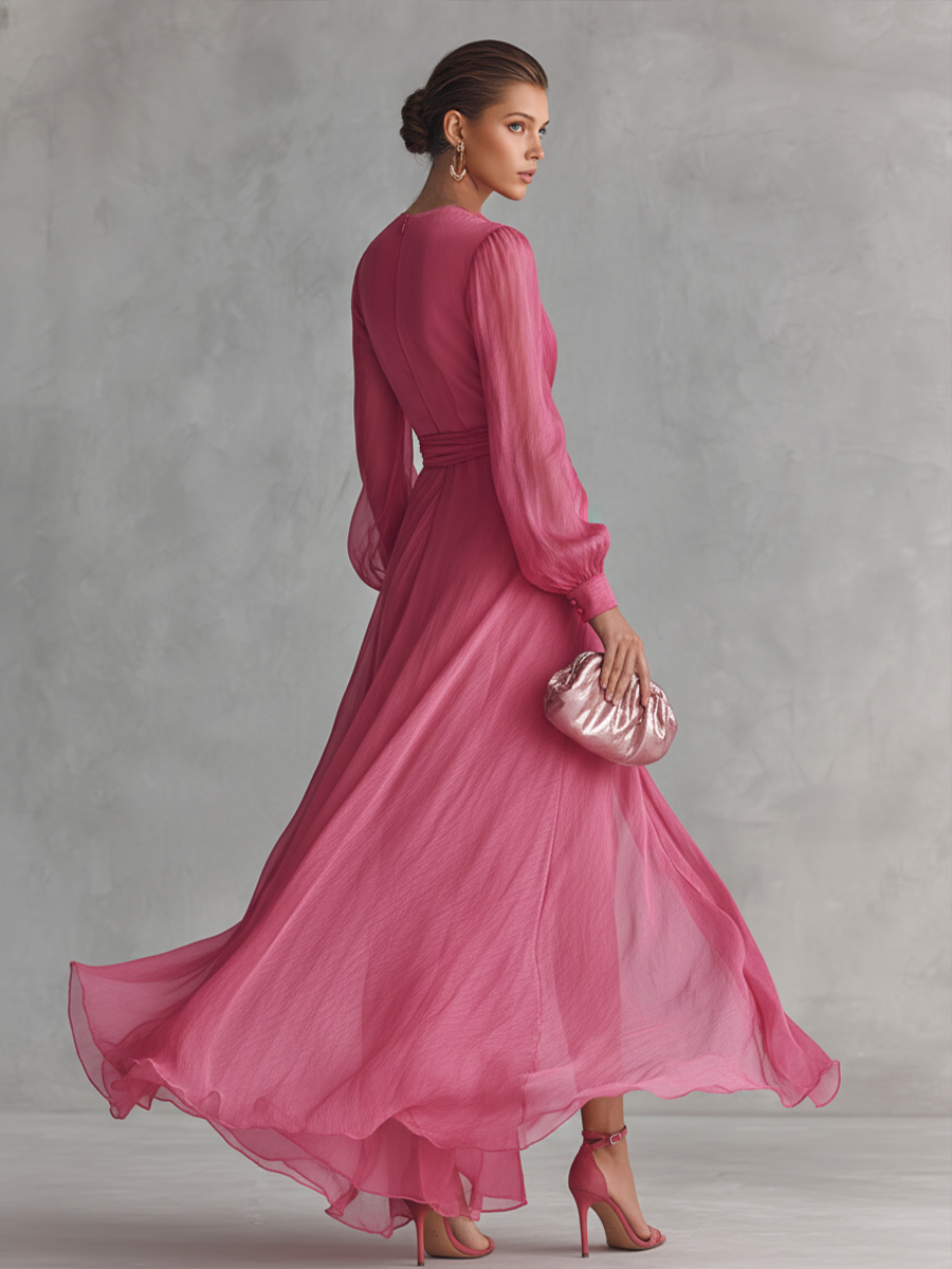 Anna-Berg | Rose Pink Chiffon V-Neck Evening Dress