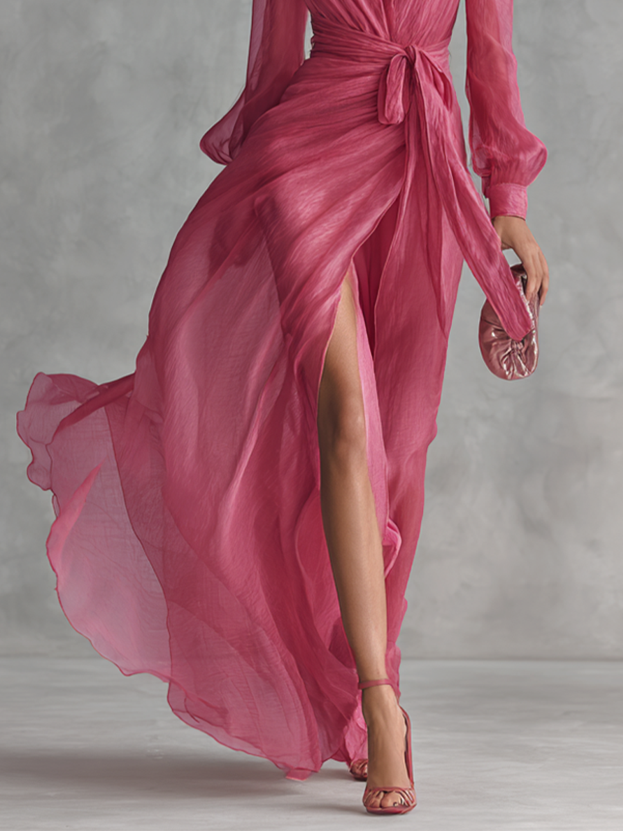 Anna-Berg | Rose Pink Chiffon V-Neck Evening Dress