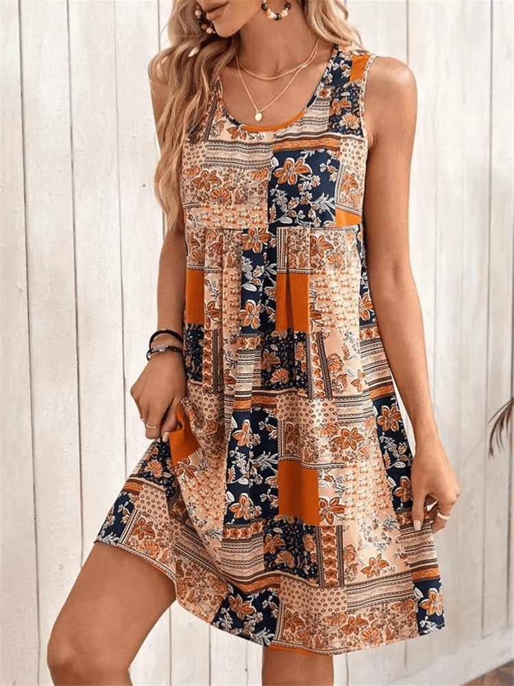 Anna-Berg | Boho Patchwork Print Sleeveless Mini Dress