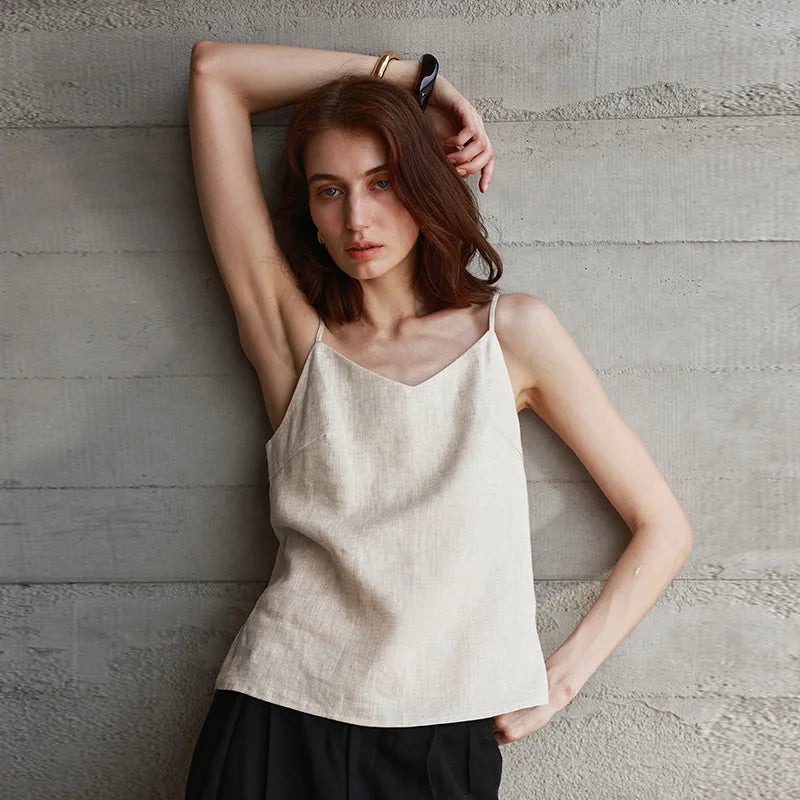 Anna-Berg | Natural Relaxed-Fit V-Neck Linen Camisole Top