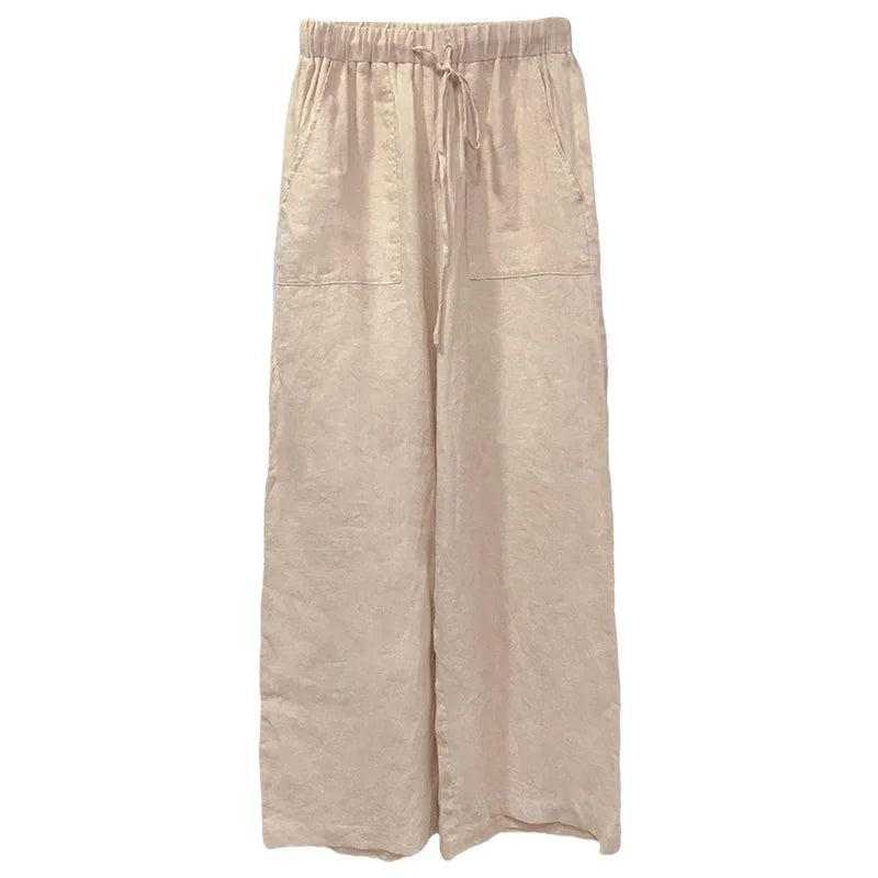 Anna-Berg | Sand Drawstring Straight-Leg Linen Pants
