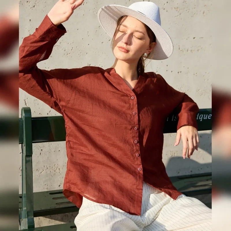 Anna-Berg | Collarless V-Neck Linen Shirt