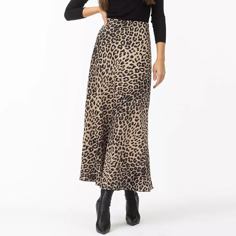 Anna-Berg | Brown Leopard-Print Satin Midi Skirt