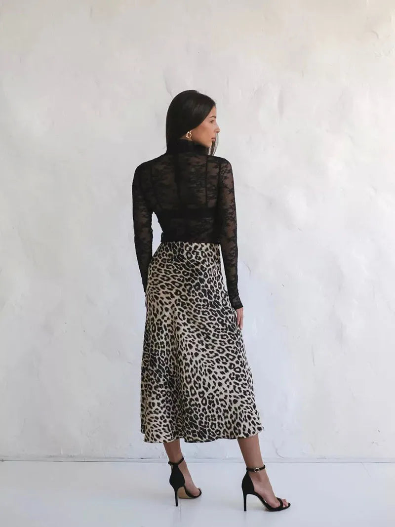 Anna-Berg | Brown Leopard-Print Satin Midi Skirt