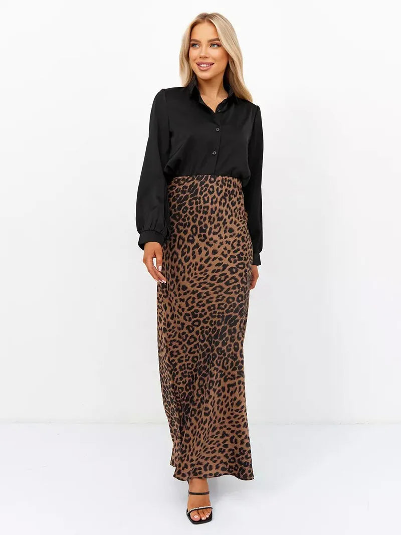 Anna-Berg | Brown Leopard-Print Satin Midi Skirt