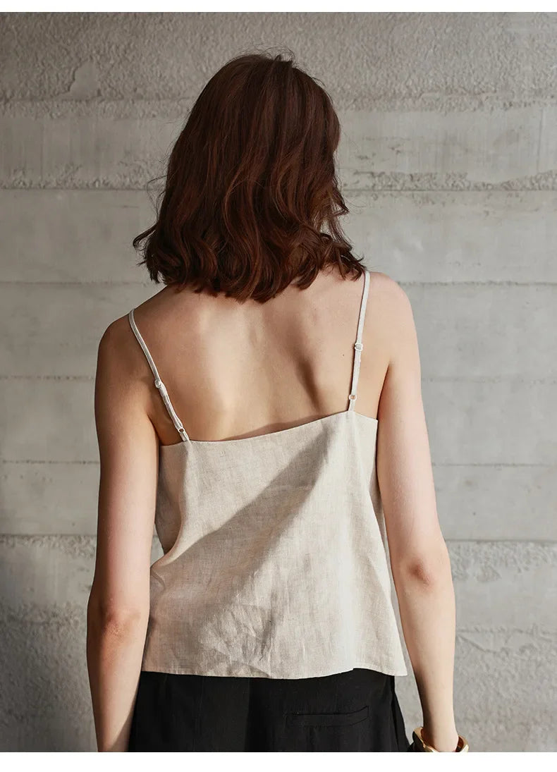 Anna-Berg | Natural Relaxed-Fit V-Neck Linen Camisole Top