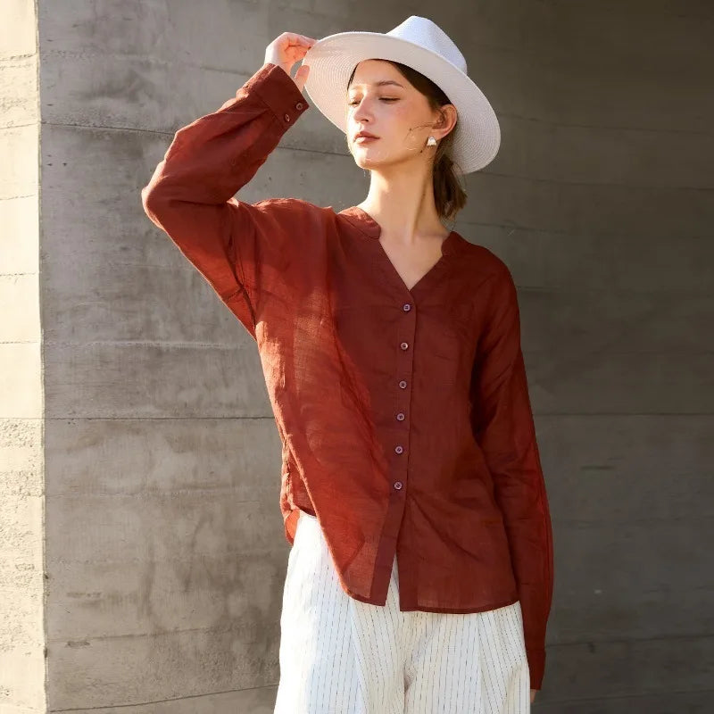 Anna-Berg | Collarless V-Neck Linen Shirt