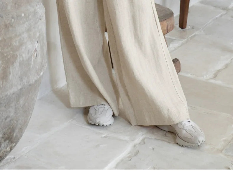 Anna-Berg | Ruffle-Waist Wide-Leg Linen Pant