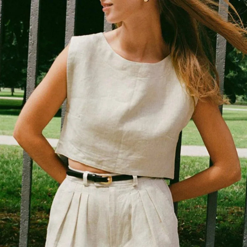 Anna-Berg | Natural Boxy Cropped Linen Top