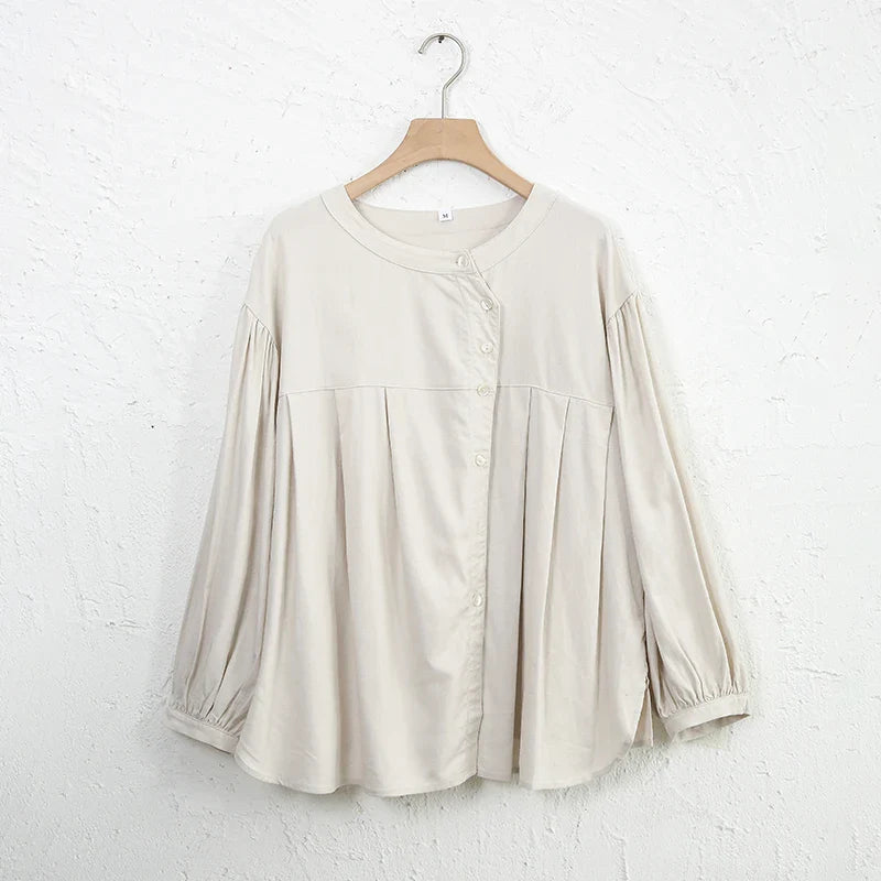 Anna-Berg | Ivory Gathered Lantern-Sleeve Cotton Blouse