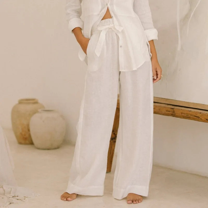Anna-Berg | Ruffle-Waist Wide-Leg Linen Pant
